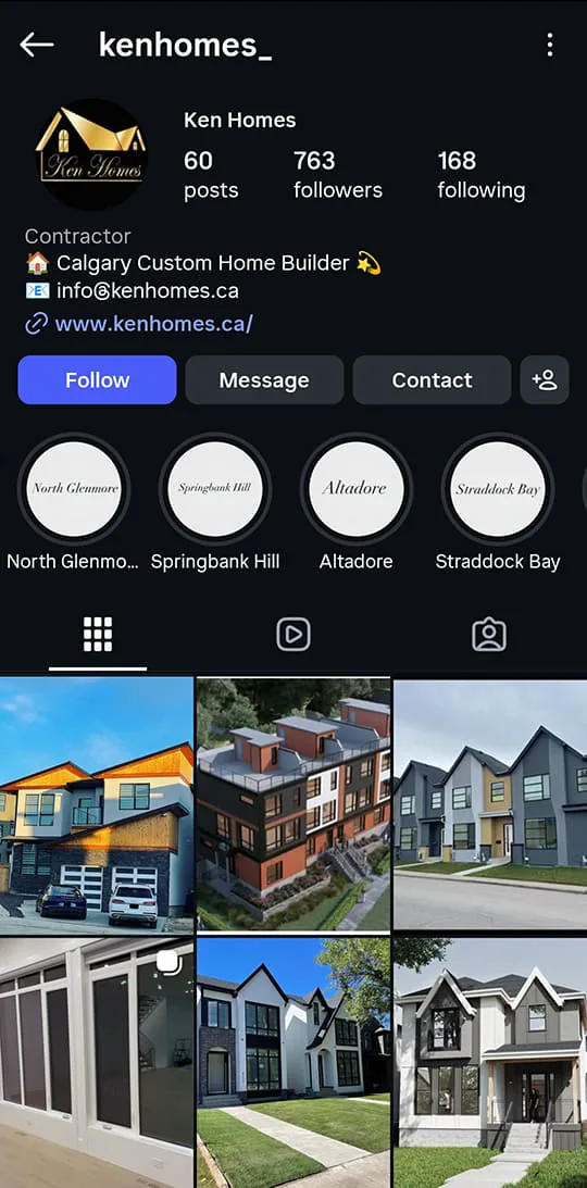 Ken Homes Instagram profile and home project grid